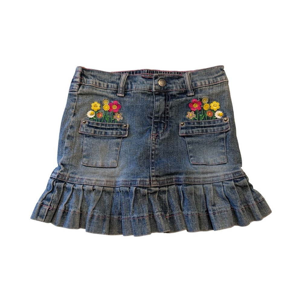 Zana-Di Kids Girls Blue Denim Floral Embroidered Ruffle Skort Size 6 Medium Wash